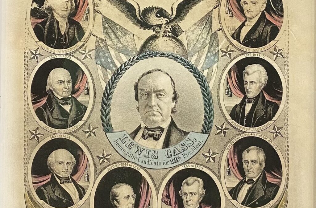 After treatment. The framed lithograph by Nathaniel Currier depicting 1848 Democratic Presidential Candidate Lewis Cass with an eagle perched upon a globe flanked by American flags directly above him surrounded by a border of oval portraits of the previous eleven American presidents after conservation treatment of the frame and the print. The antique frame appears to be original to the print.